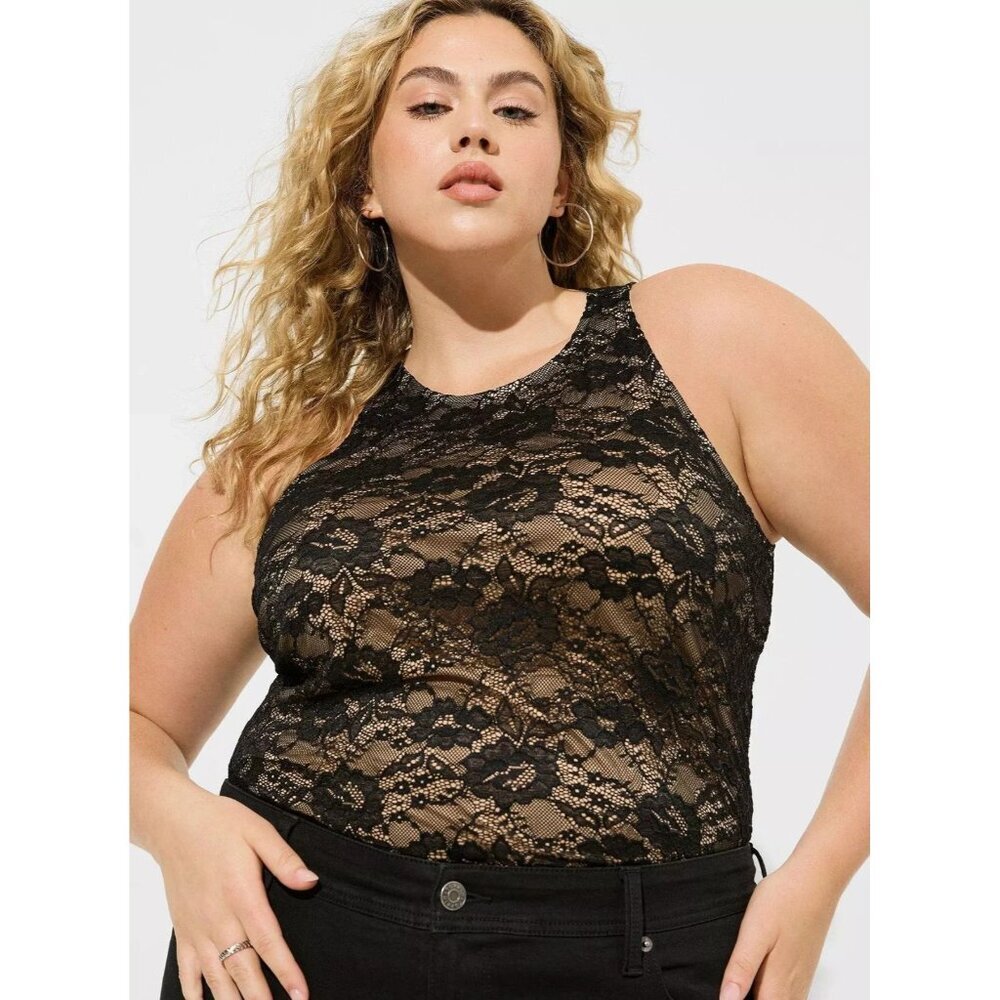 Torrid Stretch Lace High Neck Tank Blouse Black & Nude Sz 2 (2X) NWOT